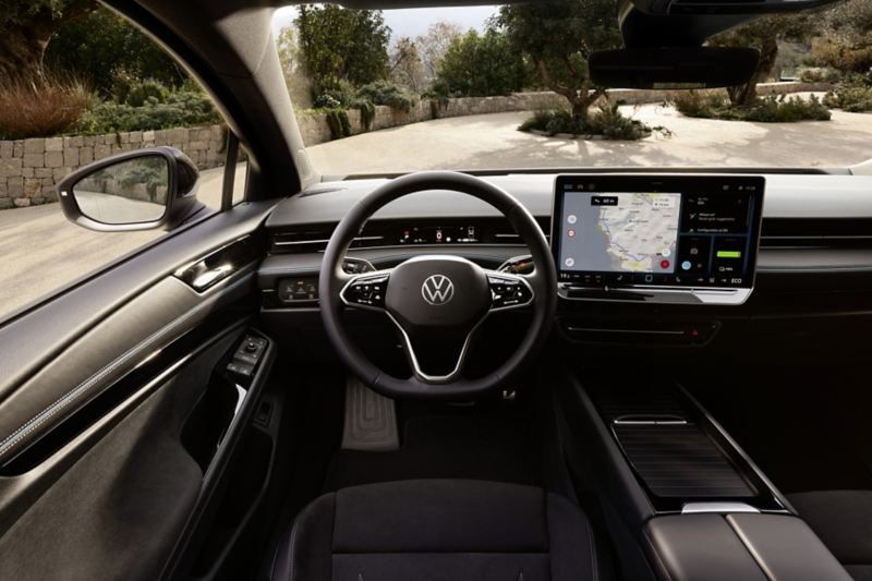 Blik på Digital Cockpit i VW ID.7. På displayet vises airconditionanlæggets funktion med de intelligente luftdyser.