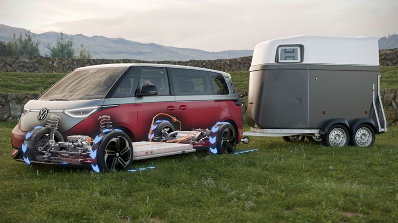 VW ID. Buzz GTX vu de coté transparent avec remorque cheval, gris et rouge