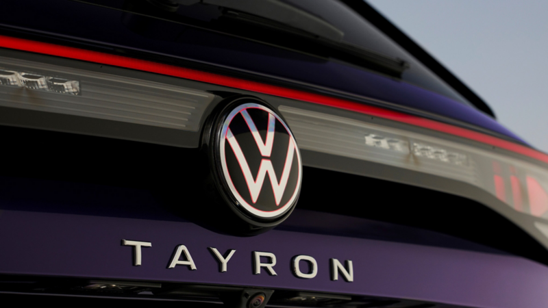Tayron name and VW logo exterior close up