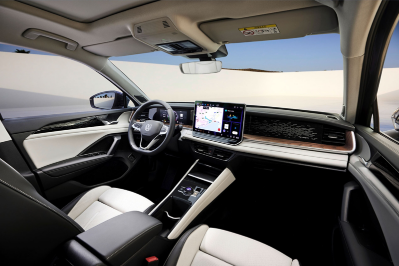 Interior shot of Tayron showcasing display and steering wheel