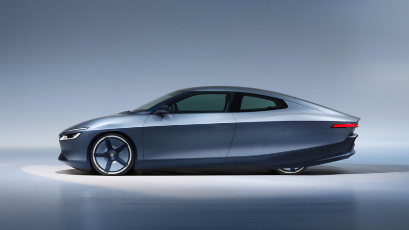 Volkswagen Mission Efficiency in Seitenansicht mit flacher, lang gestreckter und aerodynamisch optimierter Silhouette.