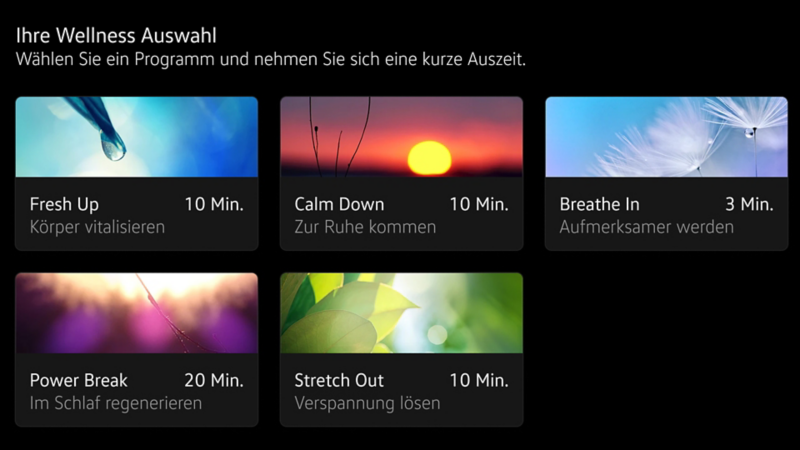 Der Screen des Infotainment-Systems zeigt die Funktionen der Wellness In-Car App.