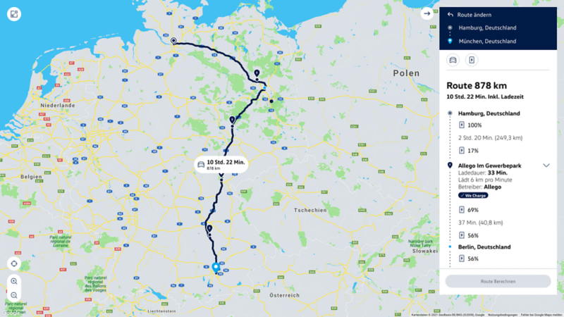 GPS fra Hamburg til Berlin med oplyste ladesteder undervejs