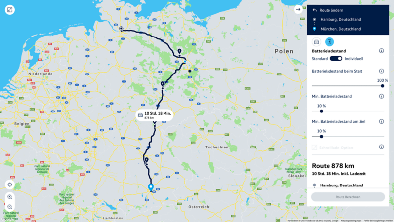 GPS fra Hamburg til München samt ladesteder