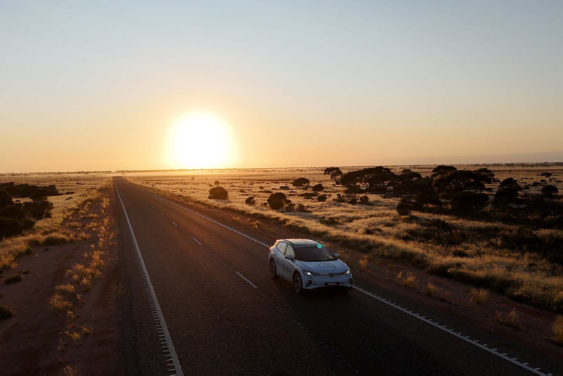 ID.4 driving through desert at sunset