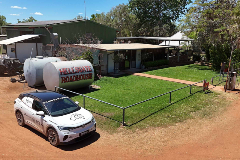 ID.4 parked outside Hells Gate Roadhouse building