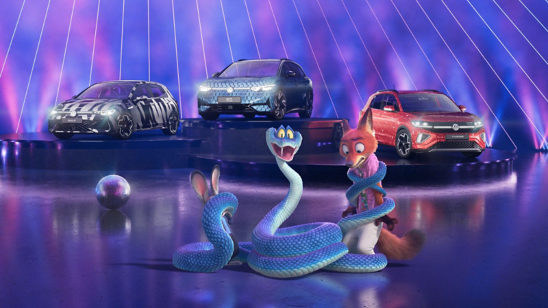 Zootropolis 2 characters Judy, Nick and Gary in front of a Golf, ID.7 and T-Cross on podiums