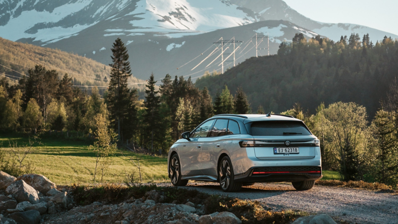 vw id7 gtx tourer kjører innover en dal på en grusvei