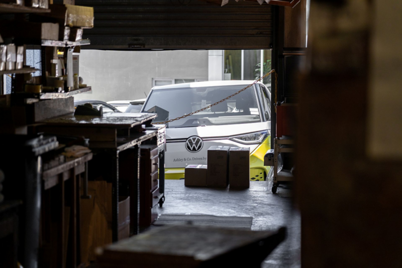 ID. Buzz parked outside a warehouse