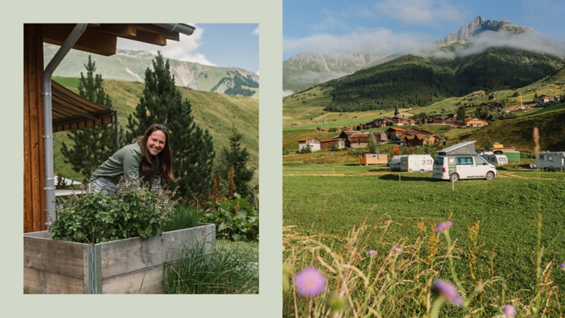 Collage de deux images : À gauche, une jeune femme récolte des herbes dans le jardin du camp. À droite, une large prairie verte avec plusieurs campers et des montagnes en arrière-plan sous les nuages.
