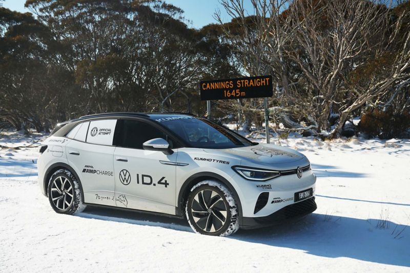 ID.4 parked by sign on snowy terrain