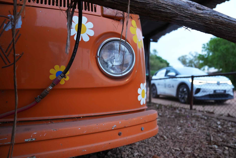 Close up of vintage VW campervan headlight 