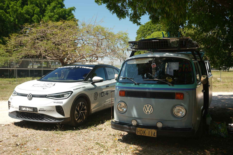 ID.4 and vintage VW campervan parked side by side
