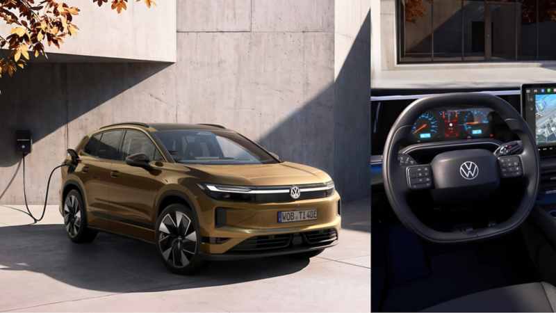 VW:s eldrivna SUV i guld vid laddstation, samt närbild på ratten och den digitala förarmiljön.