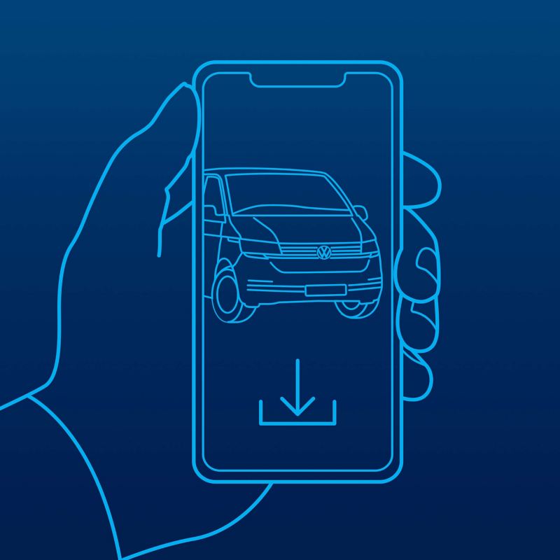 hand holding a mobile phone with a VW Van and download button in an illustrative style