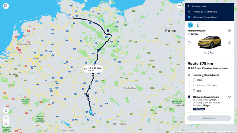 GPS fra Hamburg til München samt ladesteder