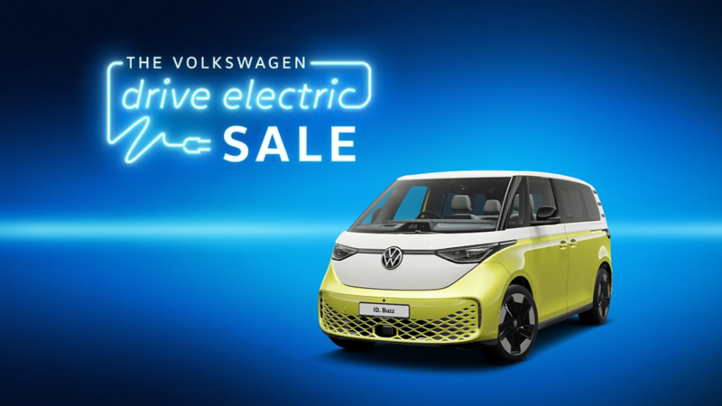 Drive Electric sale logo in neon style font with 3/4 view of the VW ID.5