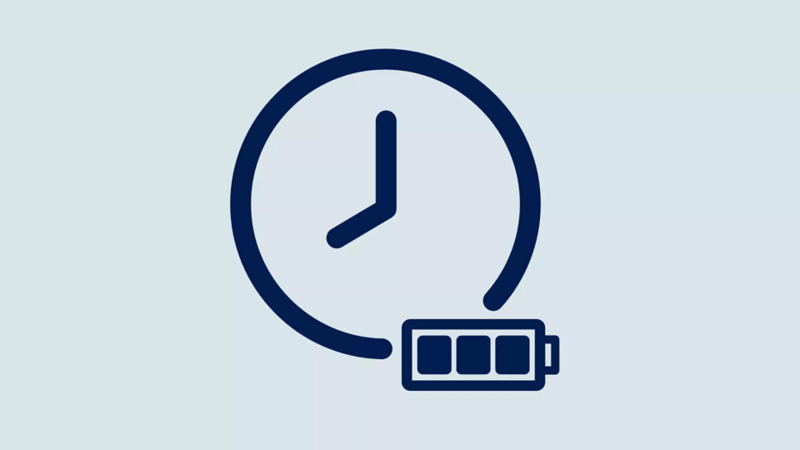 Icon of a clock next to a battery with three full bars, symbolizing charging time or battery life.