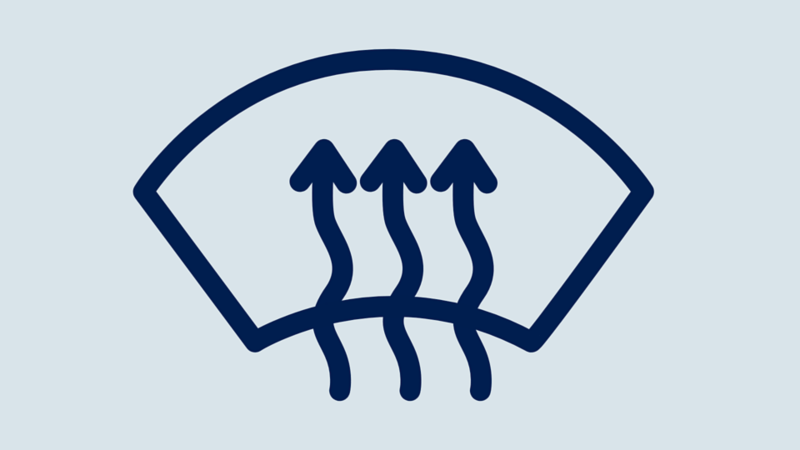 Icon of a fan shape representing a windshield, with three wavy arrows pointing upwards, indicating defrost.