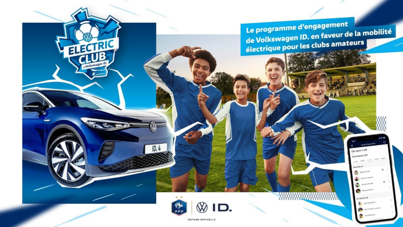 campagne publicitaire electric club by Volkswagen ID., avec des jeunes joueurs de football amateurs et un véhicule électrique ID.4