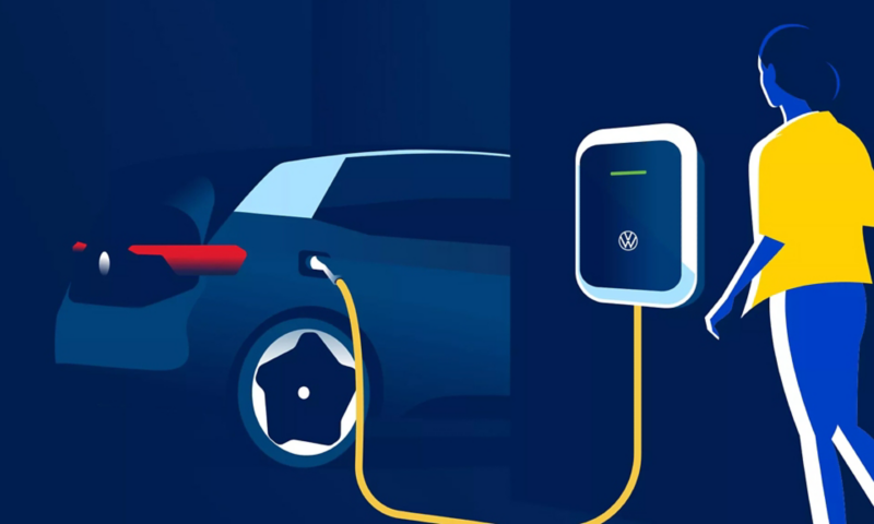 Illustration of an ID.3 at a wall charging station and a person approaching the car