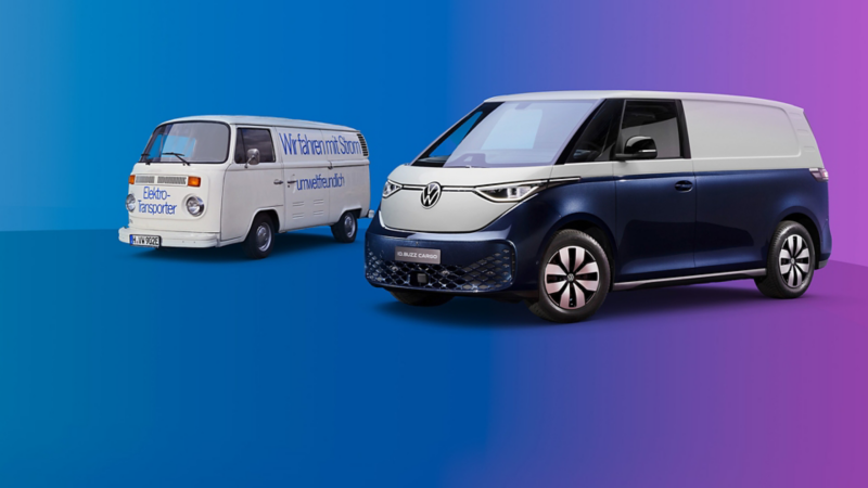 2 ID. Buzz dal davanti con sfondo blu.