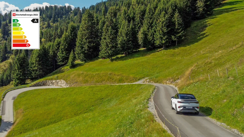 L'ID.5 GTX da dietro con l'etichetta energetica