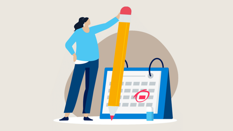 Illustration einer Frau mit einem übergroßen Stift vor einem Kalender mit markiertem Datum