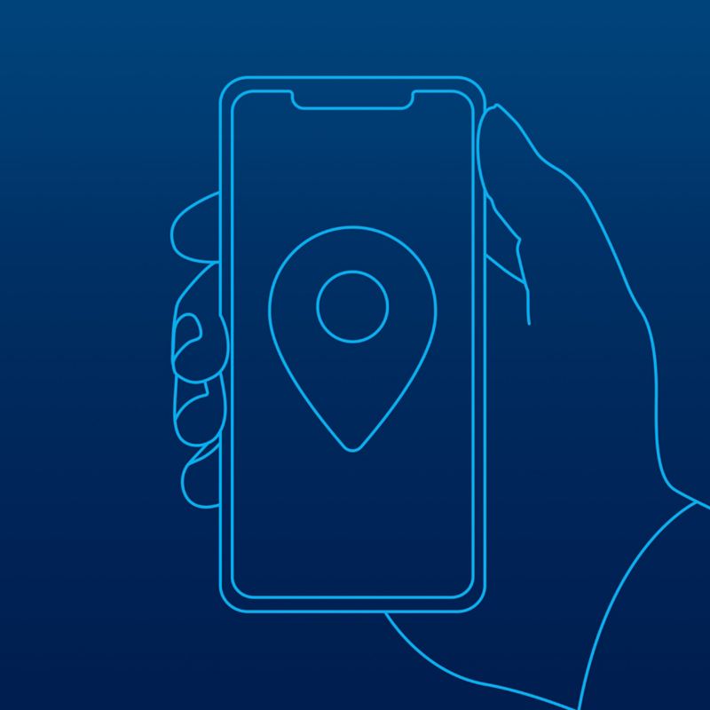 Illustration of a hand holding a phone showcasing a location logo