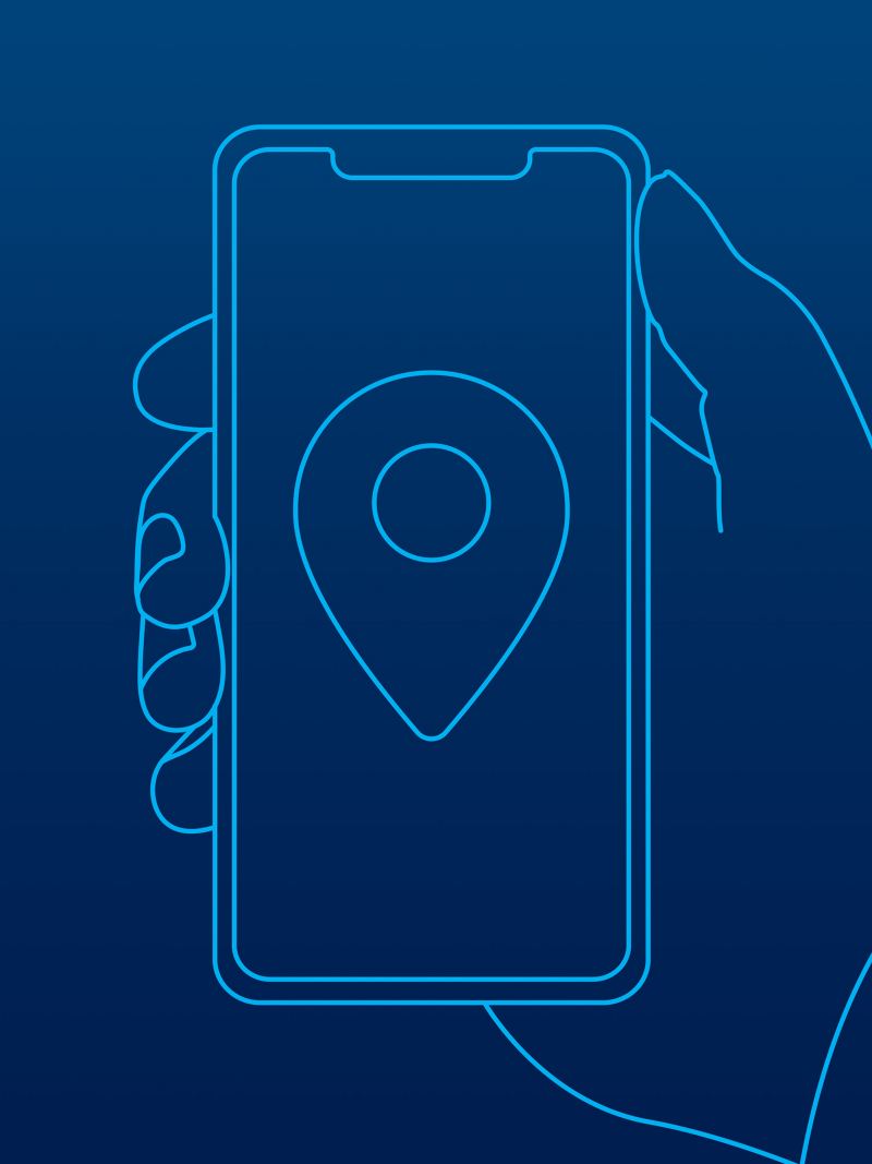 Illustration of a hand holding a phone showcasing a location logo