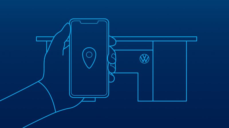 An illustration of a hand holding a mobile phone with a location icon on it, a VW building in the background