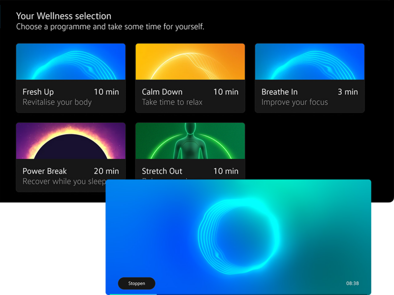 Wellness In-Car App im Fahrzeug: Programm ‚Fresh Up‘ auf dem Display aktiviert.
