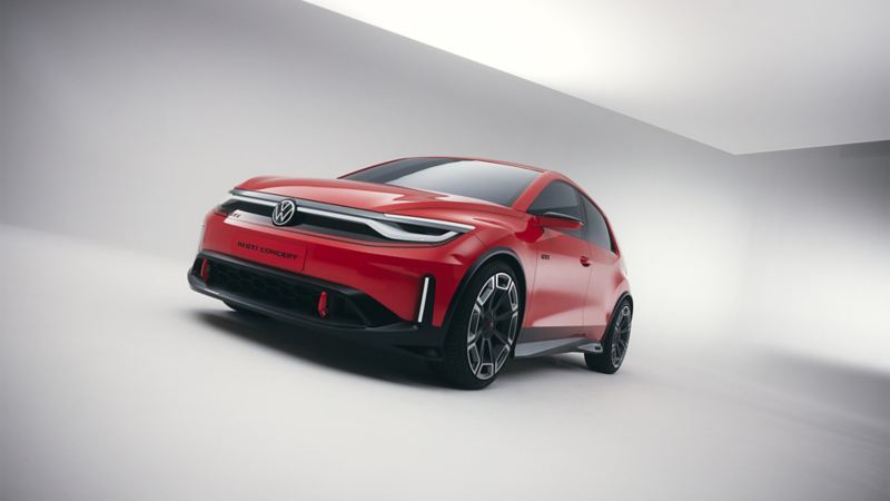 Seitliche Frontansicht des ID. GTI Concept in Rot.