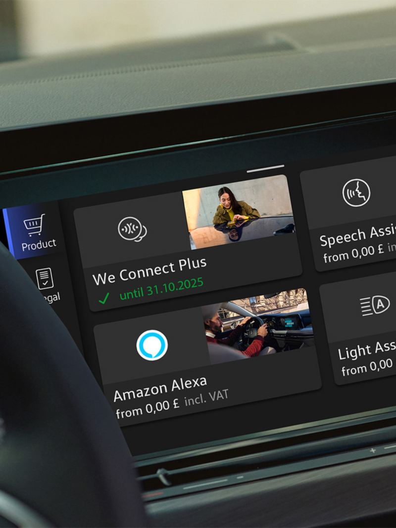 Die We Upgrade-Funktionen lassen sich im Display Ihres upgradefähigen VW über den In-Car Shop auswählen und installieren.