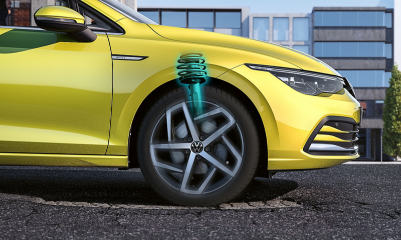 Représentation de la régulation du chassis adaptatif (DCC) via une roue de la VW Golf.
