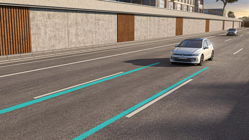 The schematic illustration shows how Lane Assist works using a VW Golf as an example.
