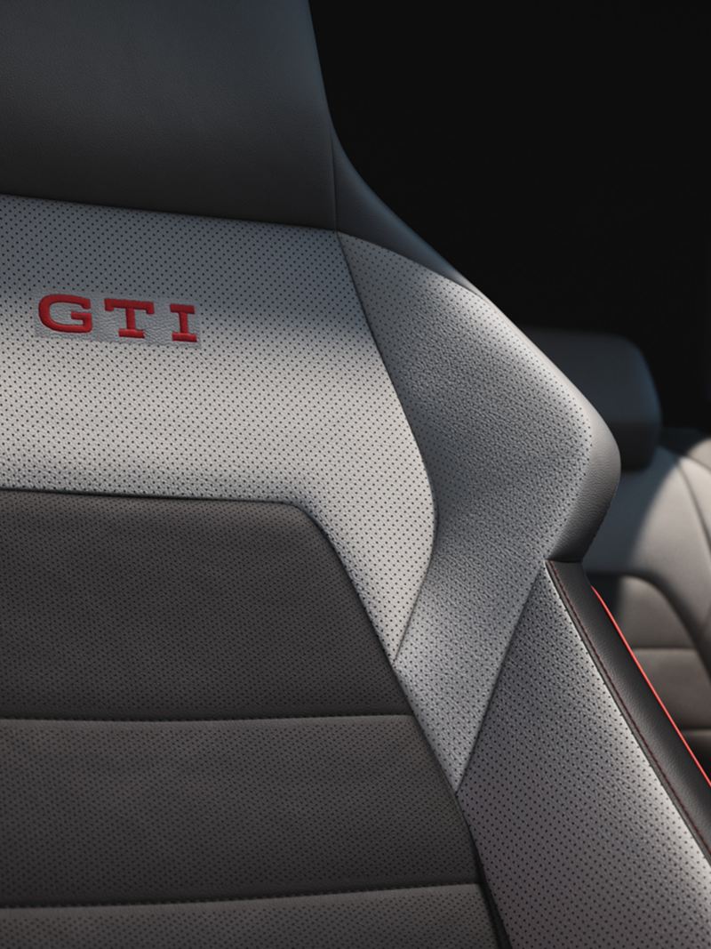 Detailed view of the seats of a VW Golf GTI.
