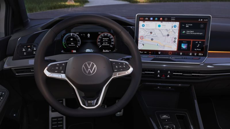 Detailed view of the digital cockpit of a VW Golf "Edition 50".