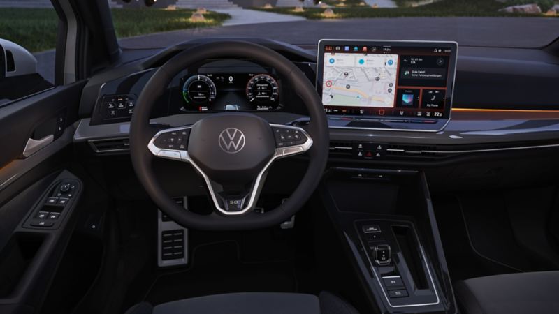 View on the steering wheel of a VW Golf.