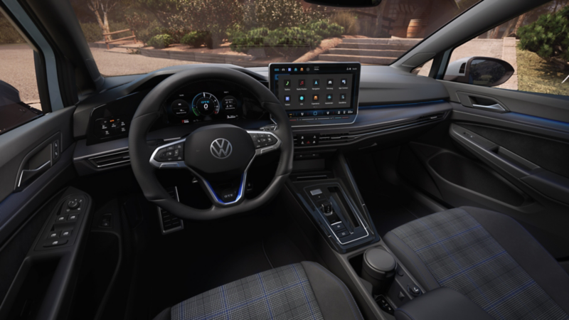 View of the steering wheel of a white VW Golf GTE
