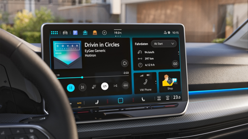 Das Infotainmentsystem im VW Golf ENERGY zeigt Navigation und Fahrzeugdaten.