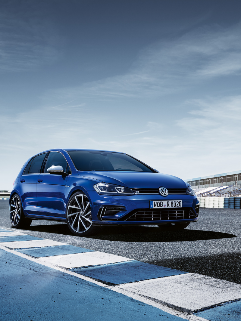 VW Golf R on a racetrack, front view