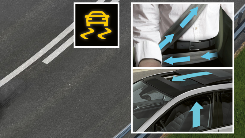 Représentation graphique du système de protection proactive des occupants, avec vue sur les ceintures de sécurité.