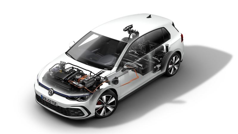 VW Golf GTE, technical representation of the hybrid drive, view from above / front / side