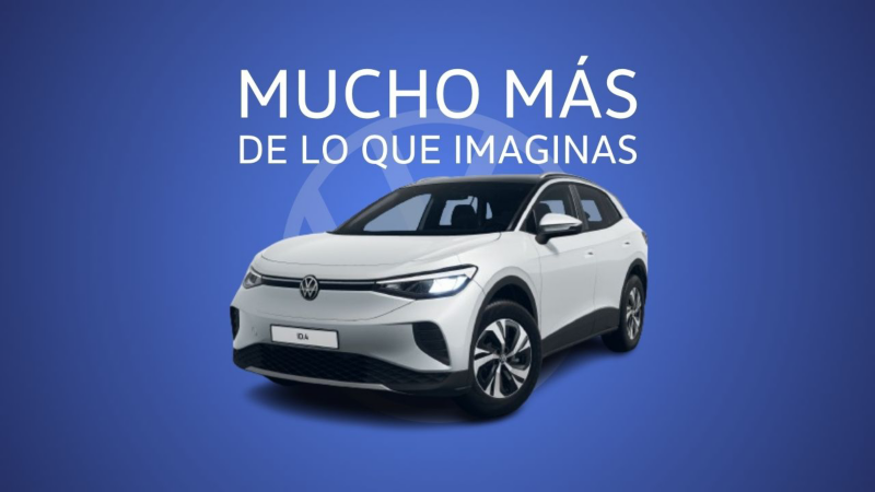 Volkswagen id.4 blanco sobre fondo azul. Mensaje: Mucho más de lo que imaginas