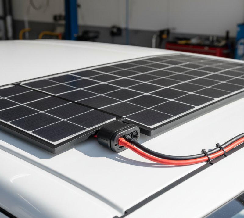 placa solar en el techo de un vehículo blanco
