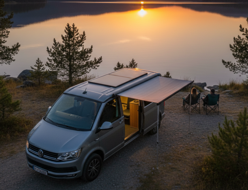 Una furgoneta camper Volkswagen T6 gris, con paneles solares en el techo, está estacionada en la orilla rocosa de un lago. Se ha desplegado un toldo lateral y dos personas, sentadas en sillas de camping, disfrutan del atardecer. 