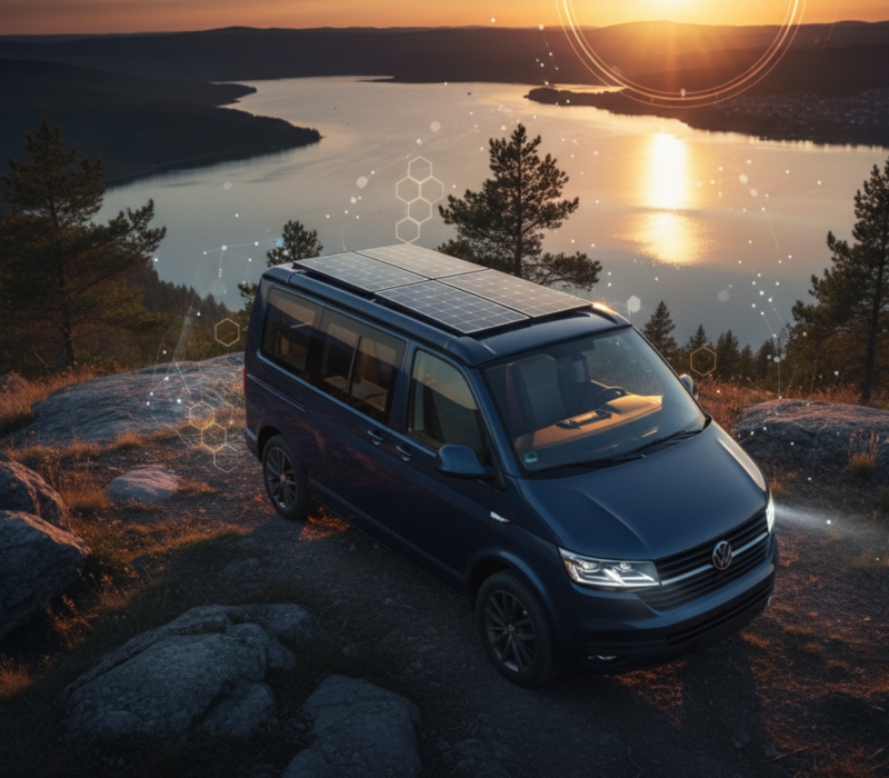 Una furgoneta Volkswagen T6.1 azul marino está estacionada en la cima de una colina rocosa. Se pueden ver tres paneles solares en el techo del vehículo. La furgoneta está orientada hacia una vista panorámica de un gran lago y un paisaje montañoso al atardecer. 