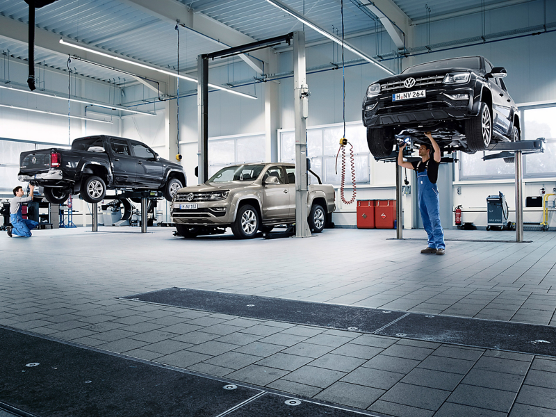 Inspecting Amaroks in the Volkswagen garage