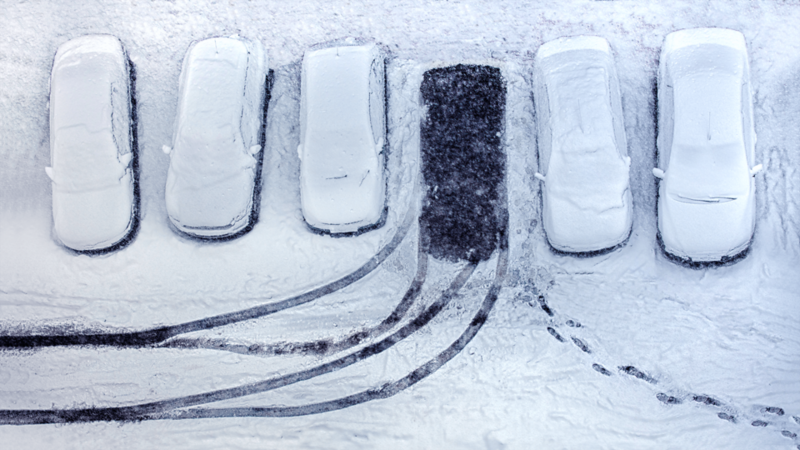 A snowy parking lot